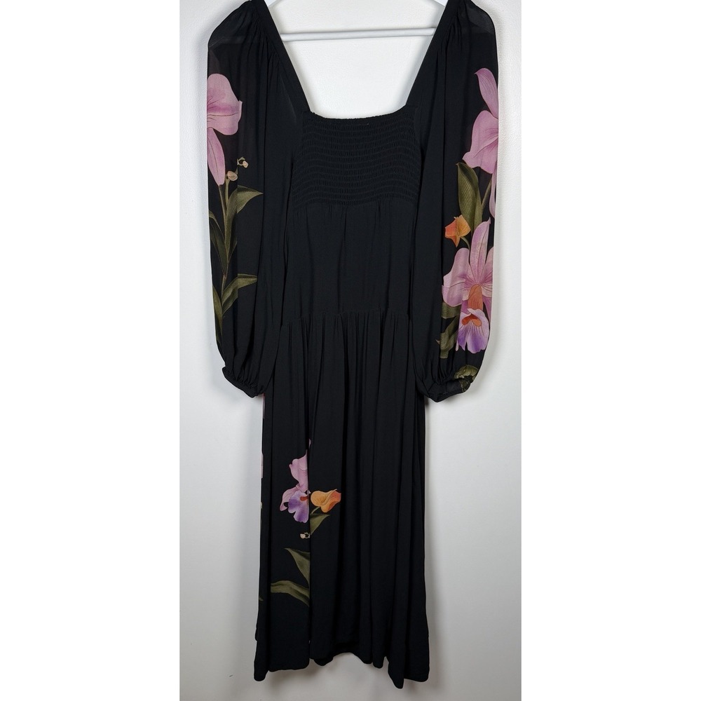 FARM Rio Embroidered Goddess Orchid Floral Long Sleeve Midi Dress Black Small - Picture 4 of 16
